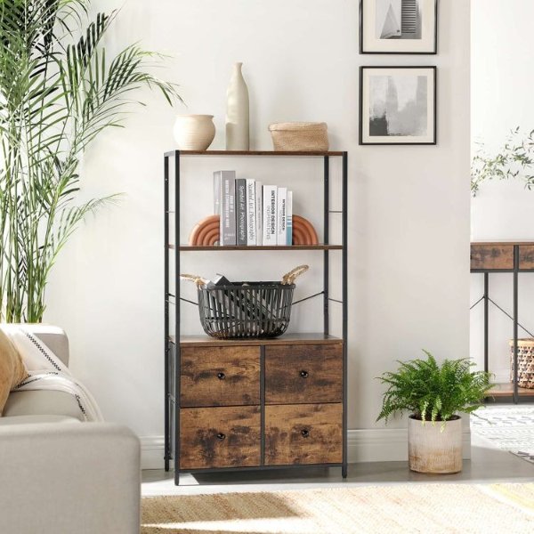SONGMICS Rustic Storage Cabinet, Storage Rack with Shelves and Fabric Drawers, Industrial Bookshelf in Living Room, Study, Bedroom, Multifunctional, Rustic Brown and Black ULGS044B02