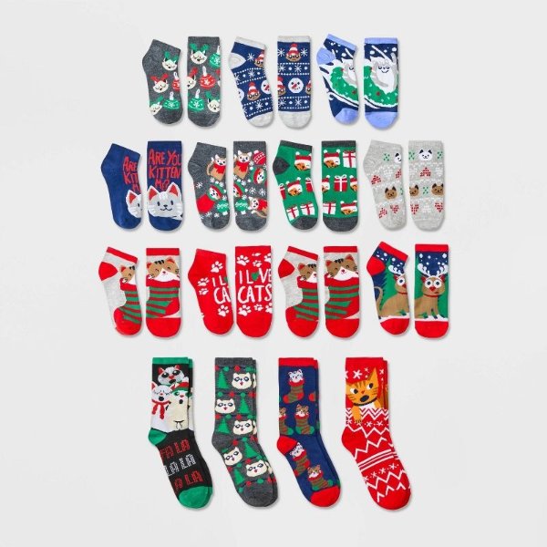 Women&#39;s Holiday Cats 15 Days of Socks Advent Calendar - Assorted Colors 4-10