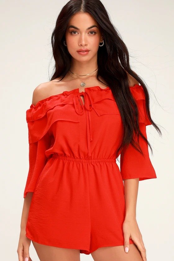 Showstopper Red Ruffled Off-the-Shoulder Romper
