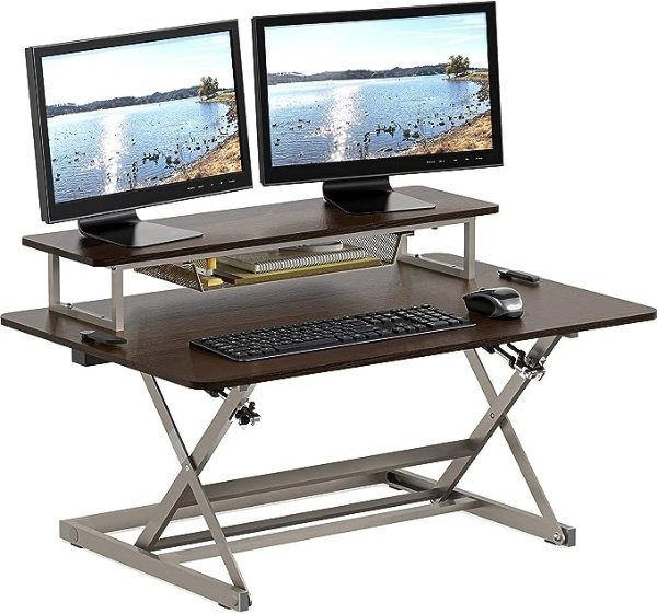 SHW 36-Inch Over Desk Height Adjustable Standing Desk with Monitor Riser, Espresso