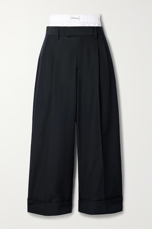 Cropped cotton-trimmed pleated wool-blend wide-leg pants