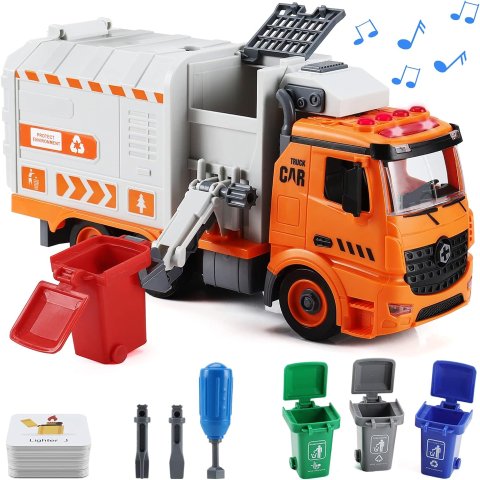 Flanney Garbage Truck Toys, DIY Realistic Recycling Trash Truck Toy with Light and Sound, 4 Trash Cans