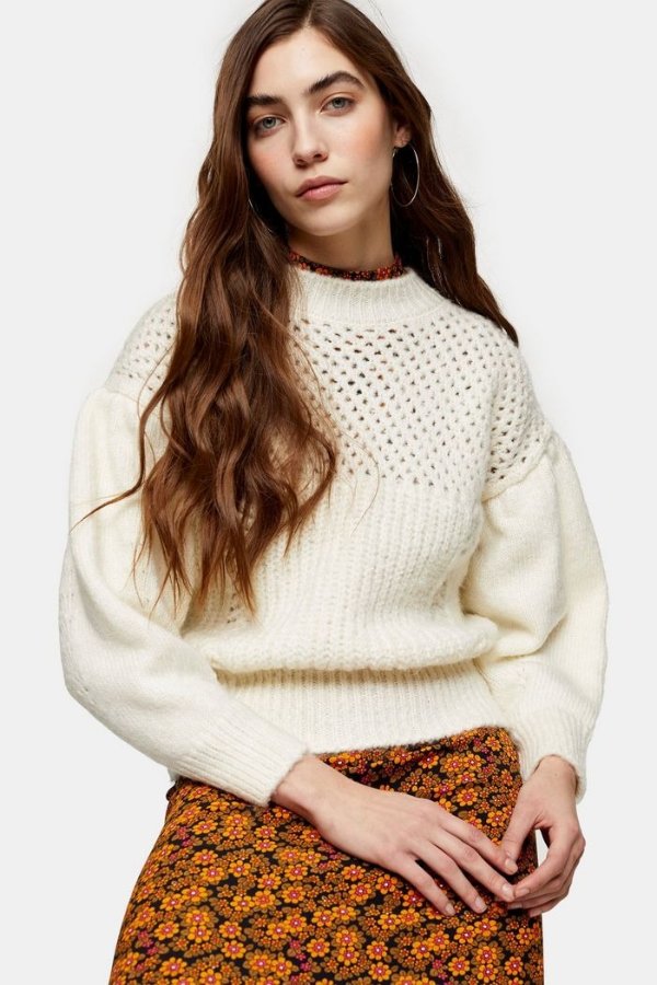 Ivory Knitted Mid Weight Yoke Sweater