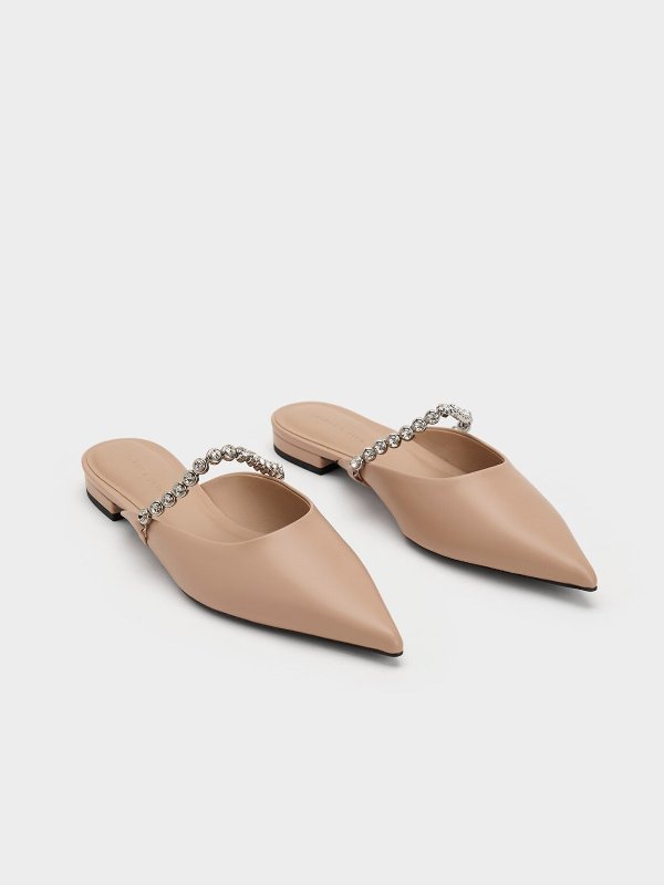 Nude Gem-Strap Flat Mules | CHARLES & KEITH