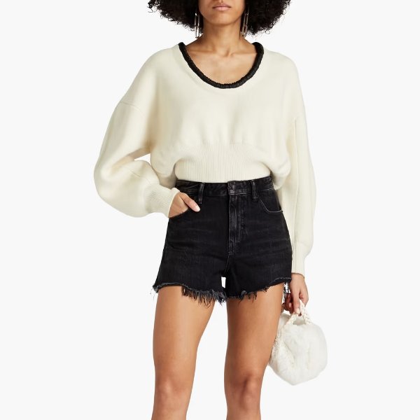 Gathered leather-trimmed two-tone wool-blend sweater