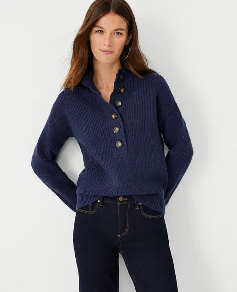 Ribbed Button Placket Sweater | Ann Taylor