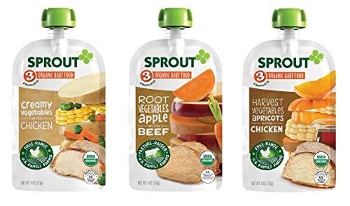 Organic Baby Food Pouches Stage 3 Meat Variety Pack, (Pack of 18); 6 Root Vegetables Apple with Beef, 6 Creamy Vegetables with Chicken, 6 Harvest Vegetables Apricot with Chicken