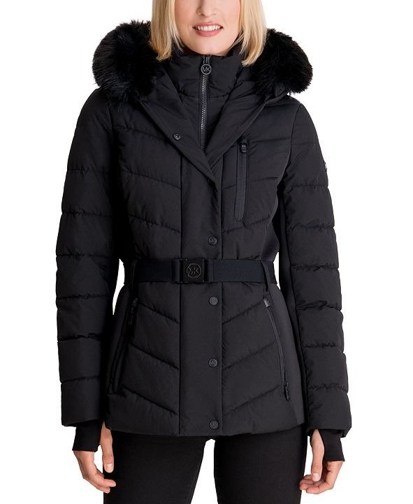 Belted Faux-Fur Trim Hooded Puffer Coat