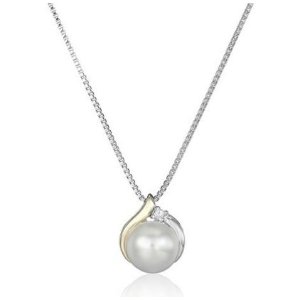 Sterling Silver and 14k Yellow Gold Diamond Accent Freshwater Cultured Pearl Pendant Necklace, 18"
