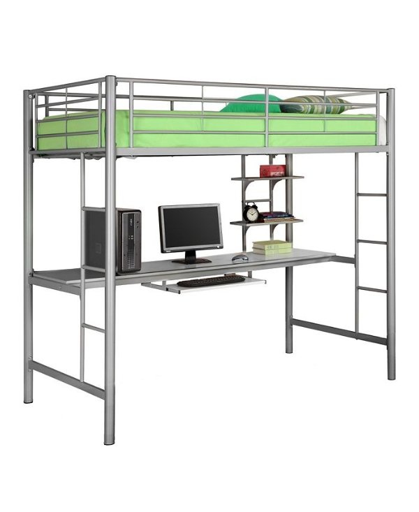 Premium Metal Twin Loft Bed with Wood Workstation- Silver