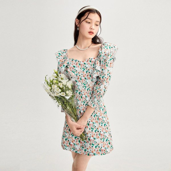 Square Neck Long Sleeved Floral Print Dress | Peacebird Women Fashion