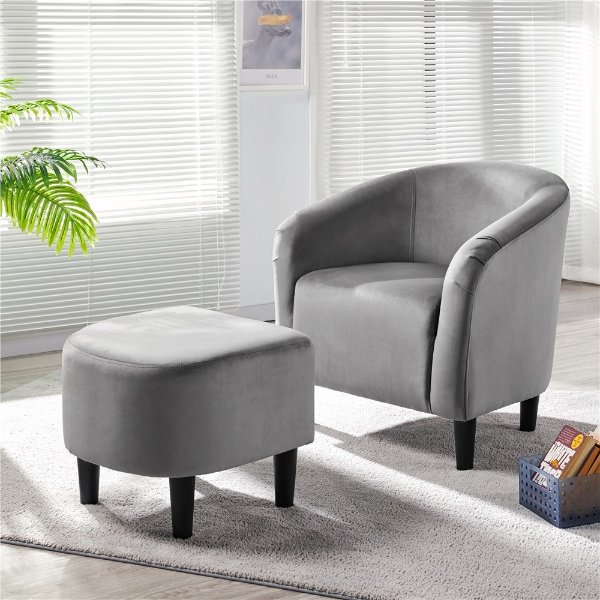 Velvet Club Accent Chair and Ottoman Set, Gray