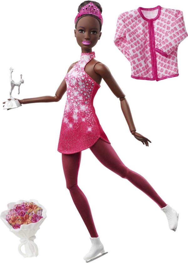 Ice Skater Doll, Brunette Fashion Doll with Pink Leotard, Trophy & Winter Sport Accessories