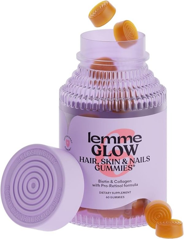 Lemme Glow Collagen Hair Gummies for Strong, Thick Hair & Reduced Shedding with Multi-Collagen Peptides, Biotin, Trace Minerals, Zinc, Vitamins A, C & E, Dairy & Gluten Free, Peach Flavor, 60 ct.