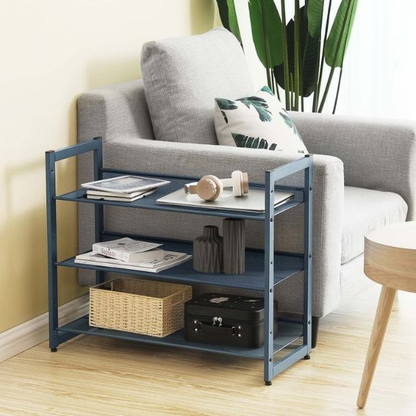 3 Tier Metal Mesh Shelves Flat or Angled Mount Shoe Rack Shoe Rack Storage Stackable for 9 to 12 Pairs Blue ULMR03BU