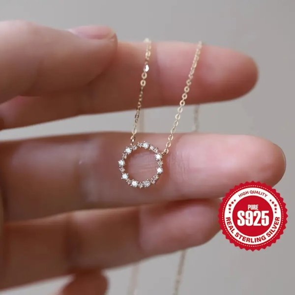 925 Sterling Silver Hollow Round Circle Pendant Necklace Inlaid Zircon 18K Gold Plated Necklace Gifts Banquet Party Accessories Anniversary Gift For Lover Family