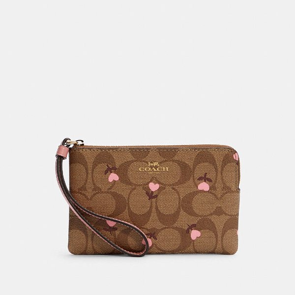 Corner Zip Wristlet in Signature Canvas With Heart Floral Print