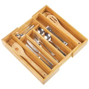Artmeer Expandable Bamboo Wooden Utensil Tray with 7 Compartments