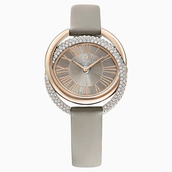 Duo Watch, Leather Strap, Gray, Champagne-gold tone PVD by SWAROVSKI