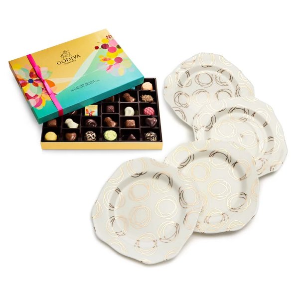 White & Gold Dessert Plates with Assorted Chocolate Gift Box, 32 pc.