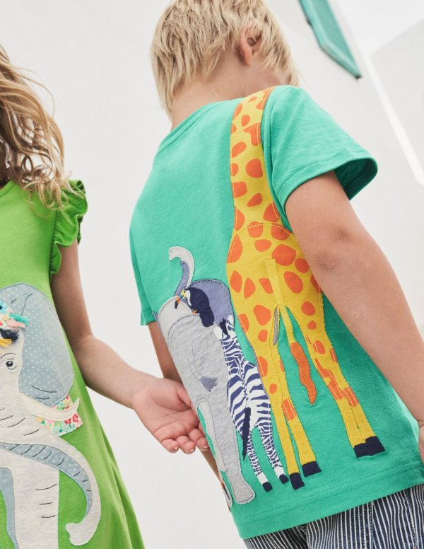 Front & Back Applique T-shirt - Green Pepper Safari Animals | Boden US