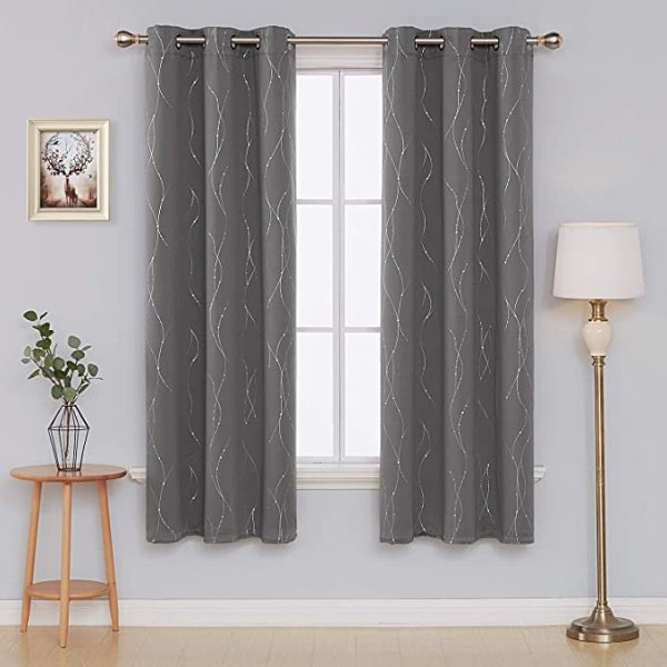 Blackout Grommet Curtains Thermal Insulated Light Blocking Foil Printed Wave Lines with Dots Window Panel Draperies for Sliding Glass Door 42 x 72 Inch Grey 2 Panels