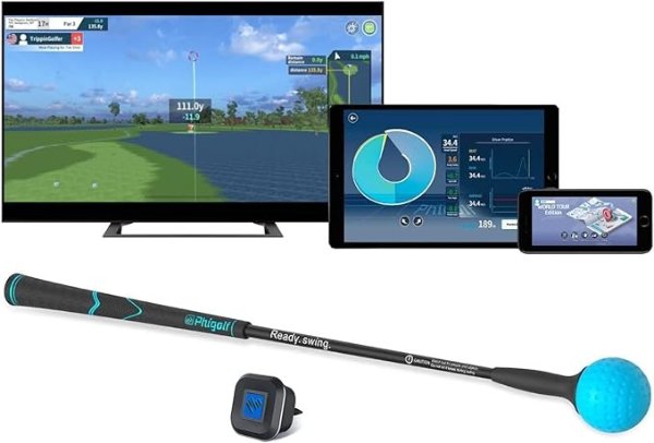 PHIGOLF World Tour Edition - Home Golf Simulator, Access 38,000+ Golf Courses Worldwide. Includes A Compact Weighted Swing Stick, 9-axis Swing Sensor, Supports Android and iOS Devices