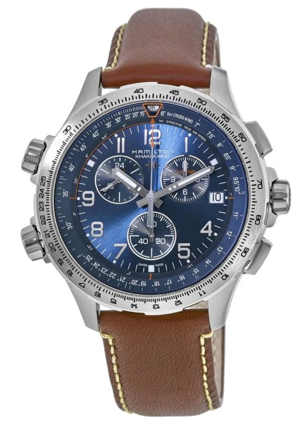 Khaki X-Wind GMT Chrono Quartz Blue Dial Brown Leather Strap Men's Watch H77922541