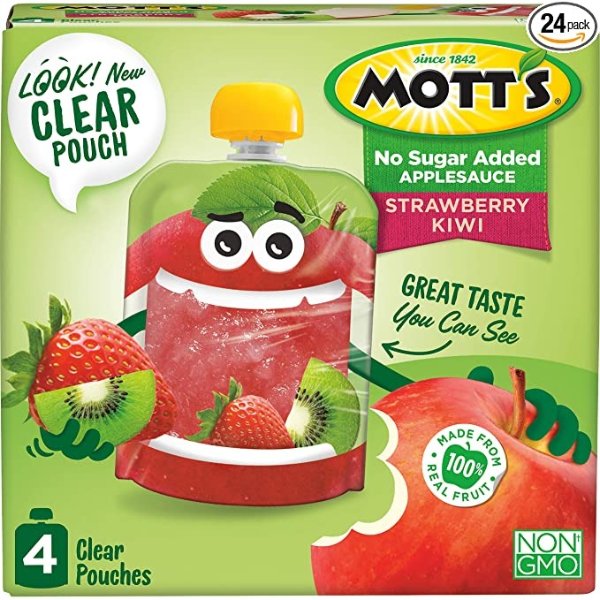 Mott's No Sugar Added Strawberry Kiwi Applesauce, 3.2 Ounce (Pack of 24) Clear Pouches, 4 Count, Perfect for on-the-go, No Added Sugars or Sweeteners, Gluten Free and Vegan