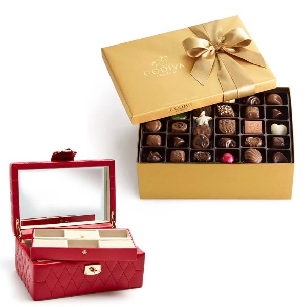 Red Caroline Jewelry Case with Assorted Chocolate Gold Gift Box, 105 pc.