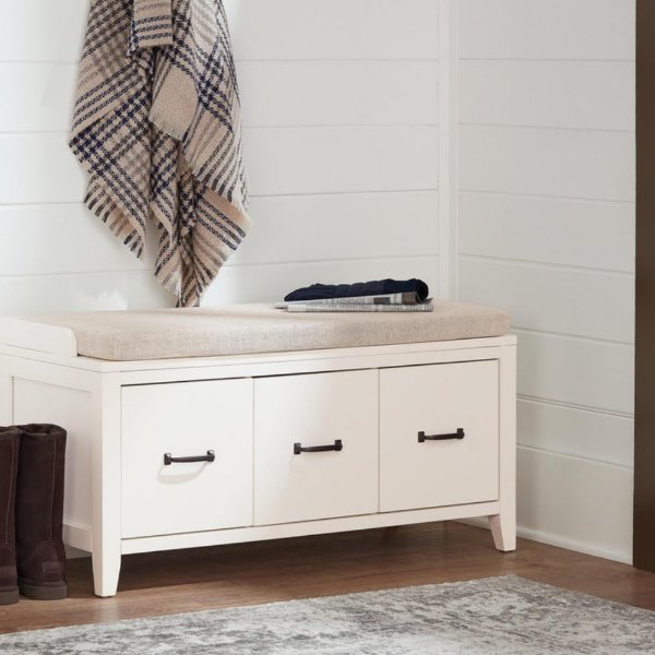 Whitford White Wood Entryway Bench with Cushion and Concealed Storage