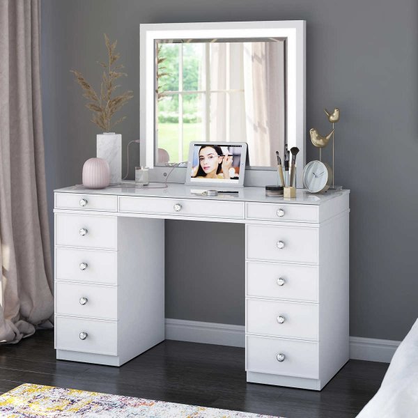 Alexandra Double Pedestal Vanity Table with LED Lighted Mirror