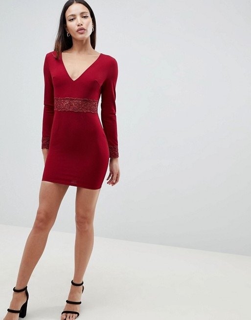 AX Paris Long Sleeve V Neck Dress With Lace Detail | ASOS