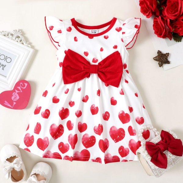 Valentine's Day Baby Girl All Over Love Heart Print Flutter Sleeve Bowknot Dress