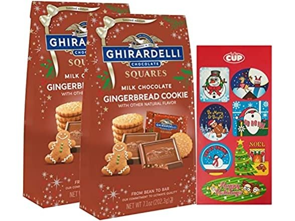Milk Chocolate Gingerbread Cookie Squares, 7.1 oz Bag with Holiday Stickers
