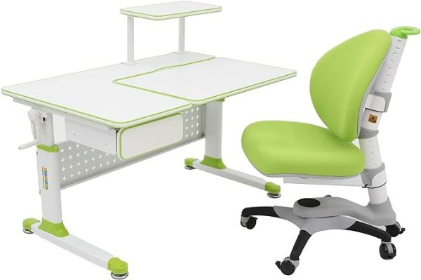 Little Soleil DX 43" Children's Height Adjustable Study Desk with Drawer and Shelf (Desk and Chair Bundle – Green)