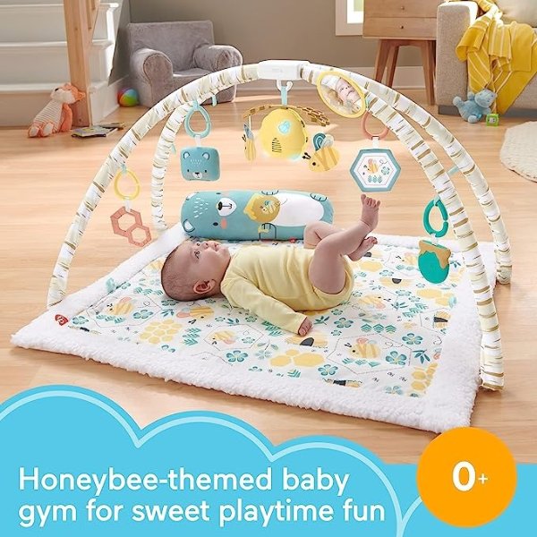 -Price Honey Bee Music & Lights Activity Gym, bee-themed infant playmat with tummy time prop and activity toys