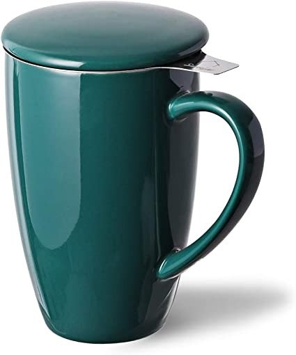 SWEEJAR Porcelain Tea Mug with Infuser and Lid,Teaware with Filter, Loose Leaf Tea Cup Steeper Maker, 16 OZ for Tea/Coffee/Milk/Women/Office/Home/Gift (Black) (New Jade)