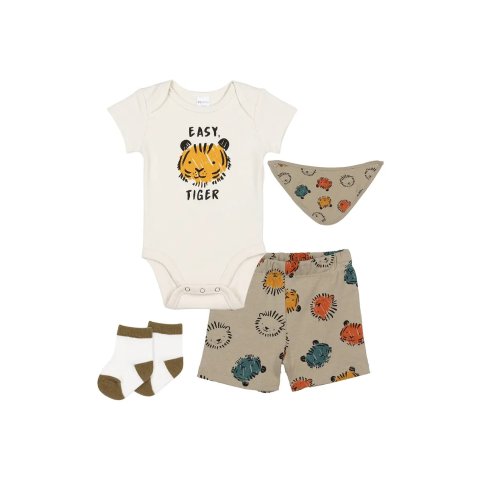 Easy Tiger Print Bodysuit, Shorts, Bib, & Socks 4-Piece Set