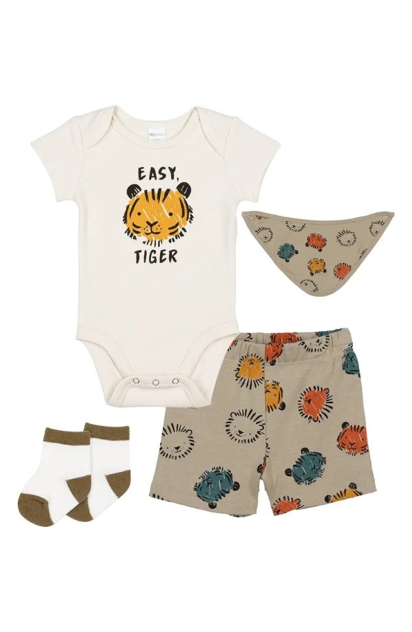 Easy Tiger Print Bodysuit, Shorts, Bib, & Socks 4-Piece Set