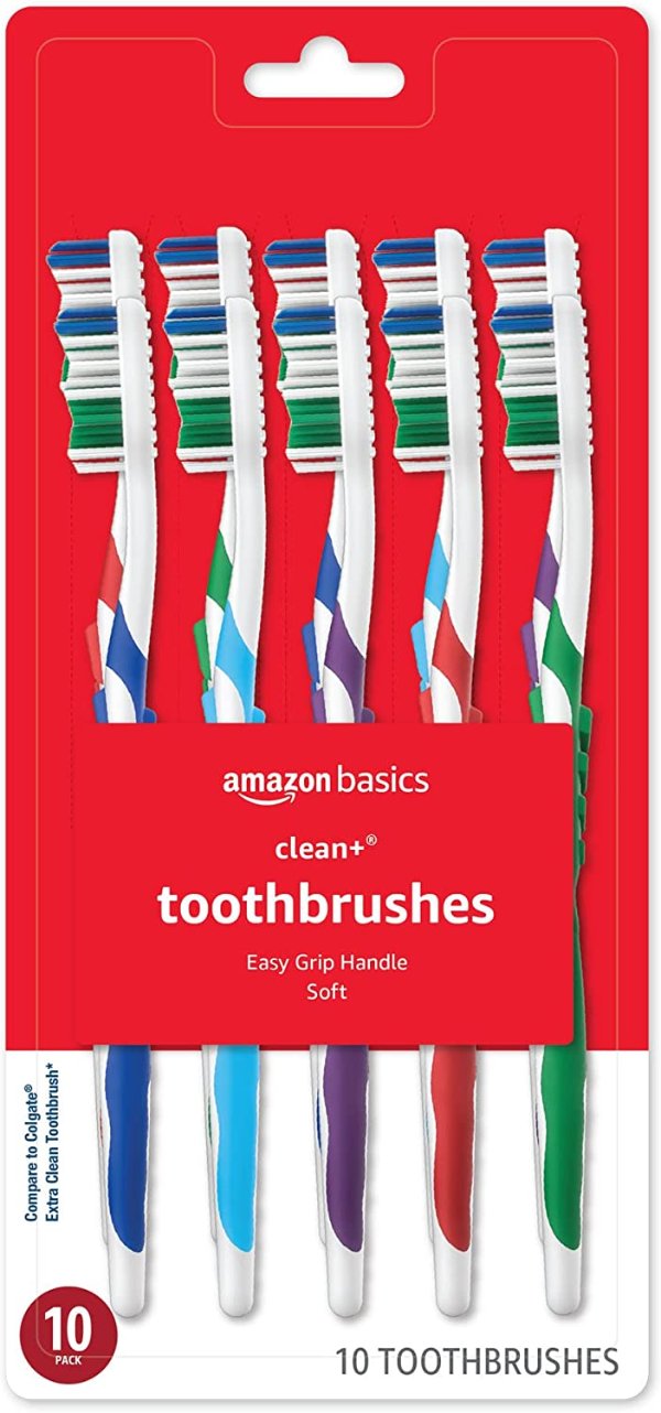 Amazon Basics Clean Plus Toothbrushes, Soft, Full, 10 Count,