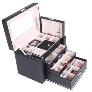 Songmics Black Leather Large Jewelry Box Lockable Makeup Storage Case with Large Mirror Drawer UJBC04B
