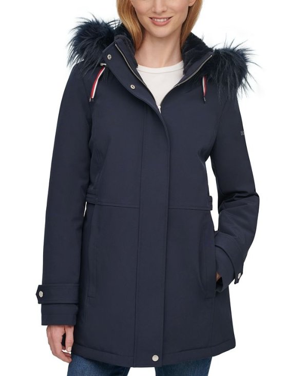 Women's Faux-Fur-Trim Hooded Raincoat