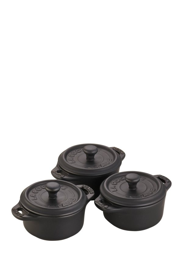 Ceramic 3-Piece Mini Round Cocotte Set - Matte Black