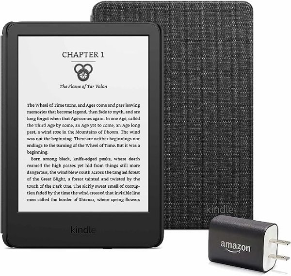 Kindle Essentials Bundle including Kindle (2022 release) - Black, Fabric Cover - Black, and Power Adapter