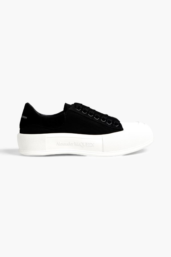 Embellished suede-trimmed canvas exaggerated-sole sneakers