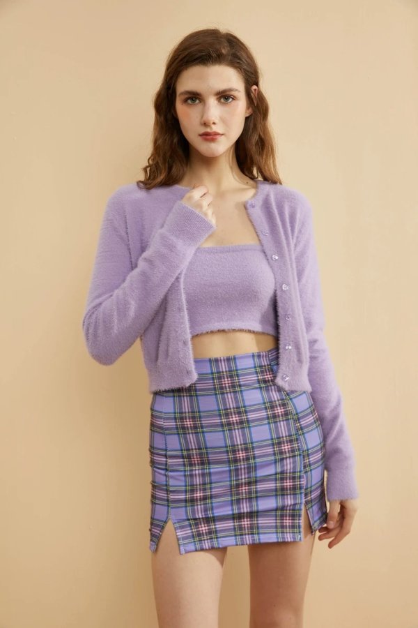 Light Soft Mohair Knit Cardigan w/ Tube Top (Purple)