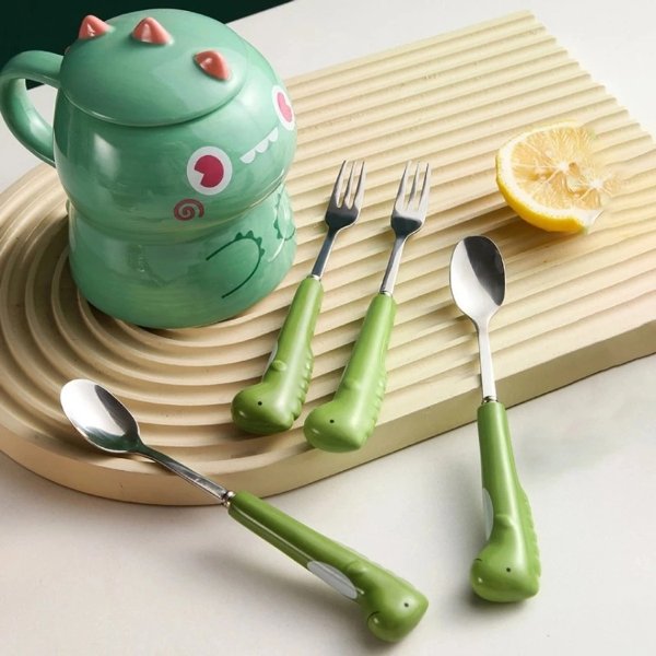 2pcs Stainless Steel Tableware Set Cutlery Portable Cute Cartoon Dinosaur Baby Flatware Kids Toddler Fruit Spoon Fork Kit