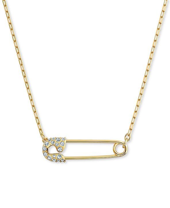 Gold-Tone Pave Safety Pin Pendant Necklace, 14-7/8" + 2" extender