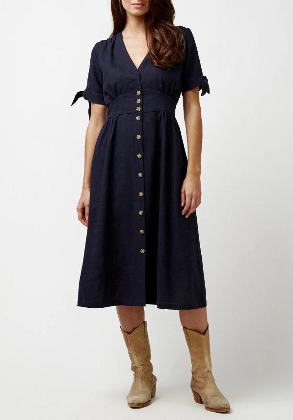 Mariposa Women's Buttoned Linen Dress in Navy